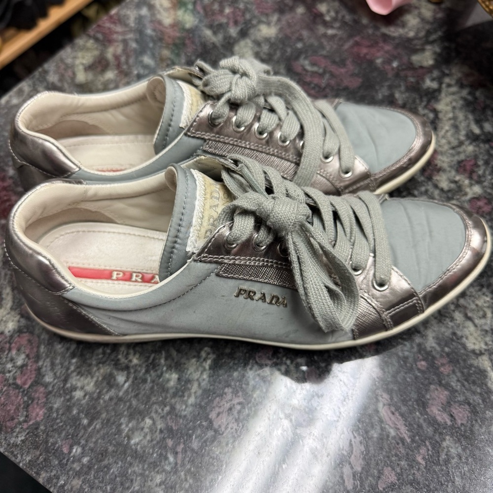 Prada Silver and White Sneakers Size 7